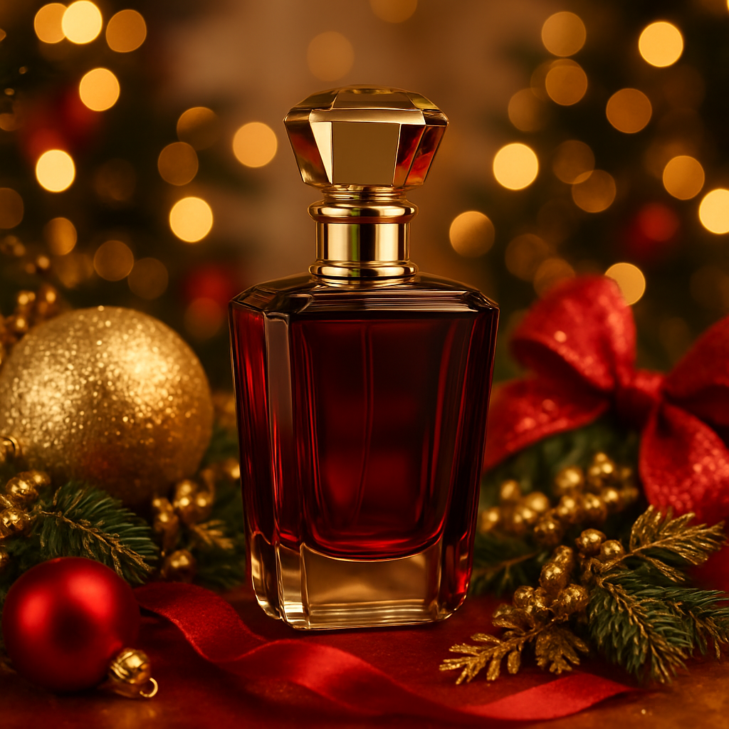 Eleganter Parfümflakon mit festlicher Dekoration