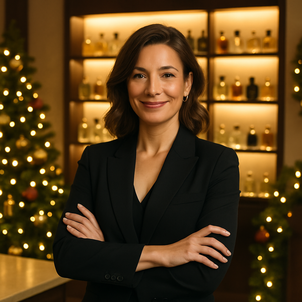 Portrait einer luxuriösen Parfümerie-Inhaberin, lächelnd, festlicher Hintergrund