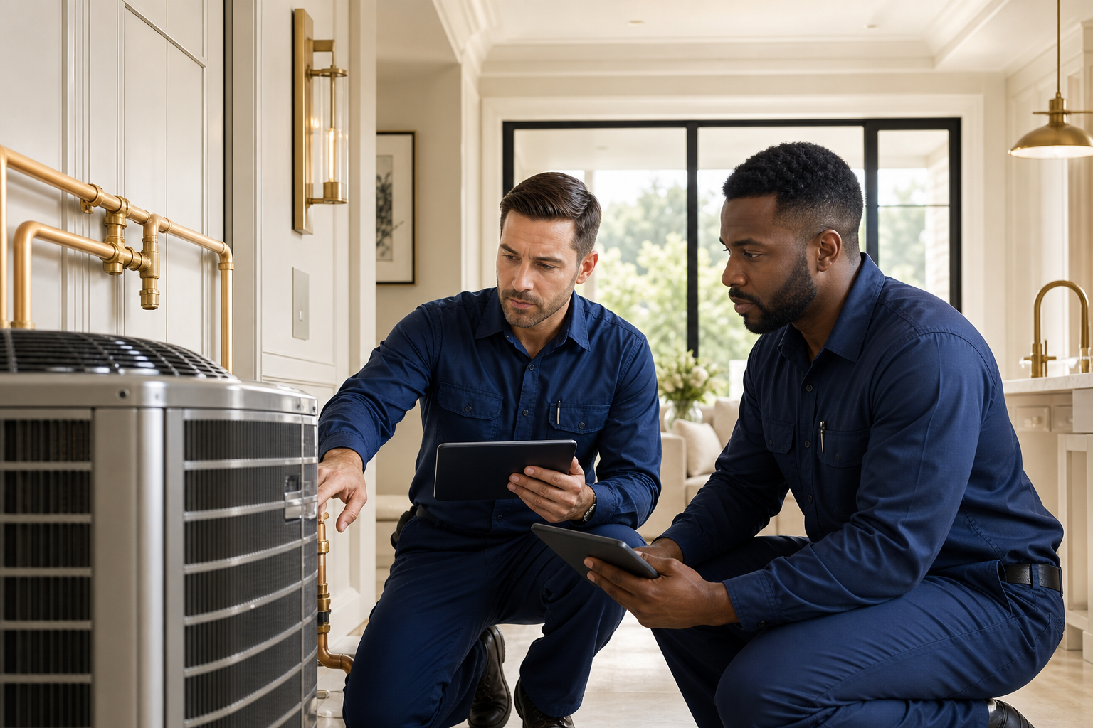 Advanced technicians in crisp uniforms reviewing a modern HVAC installation with diagnostic tablets in a bright, upscale home