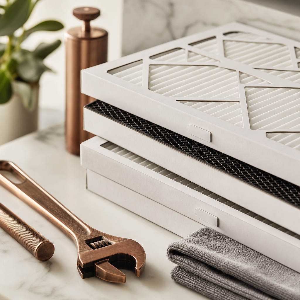 Close-up of premium HVAC filters and copper-toned tools arranged on a clean work surface
