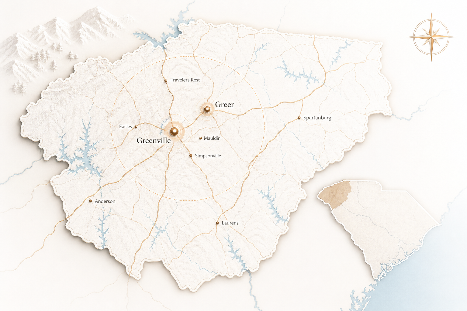 Light, airy map-style graphic highlighting Greenville, Greer, and the Upstate South Carolina region