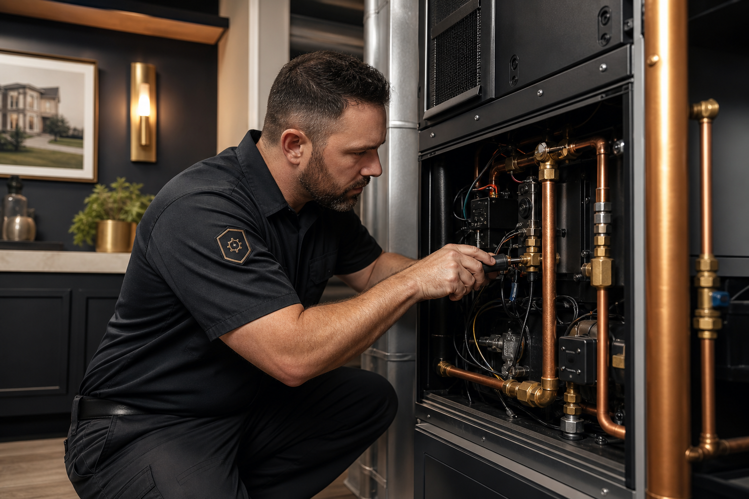 Technician performing a precise repair on a high-end HVAC unit with subtle brass accents in a tidy mechanical room