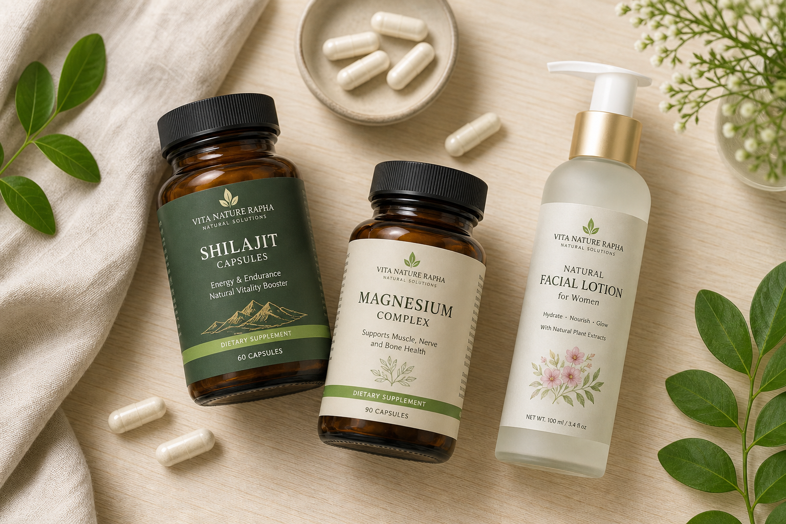 Arrangement élégant de compléments alimentaires en capsules et d’un flacon de lotion visage naturelle sur une table en bois clair