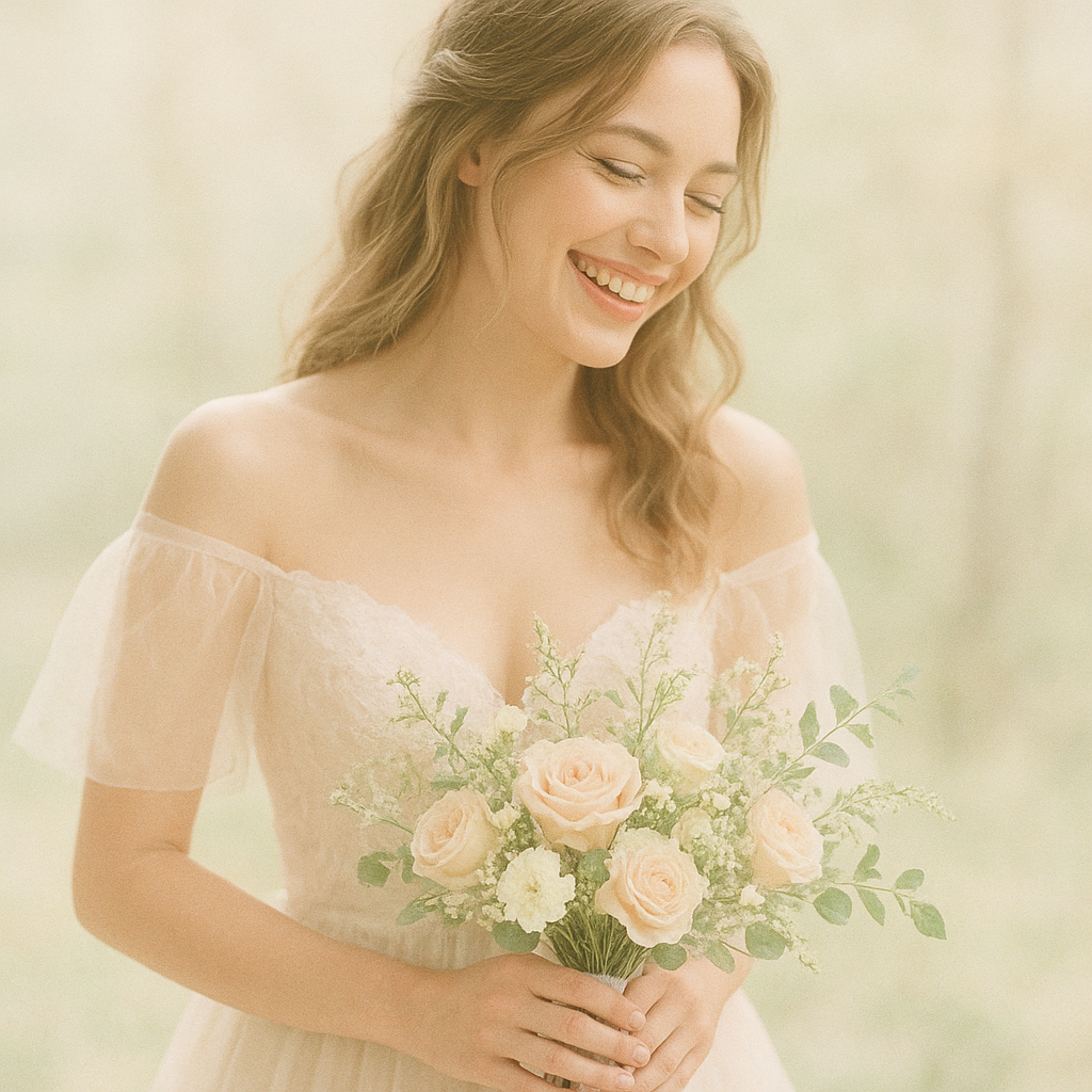 Bride laughing softly with bouquet in pastel light