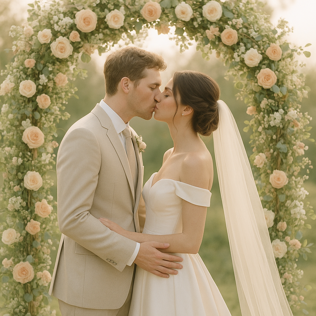 Newlyweds sharing a gentle kiss at the ceremony