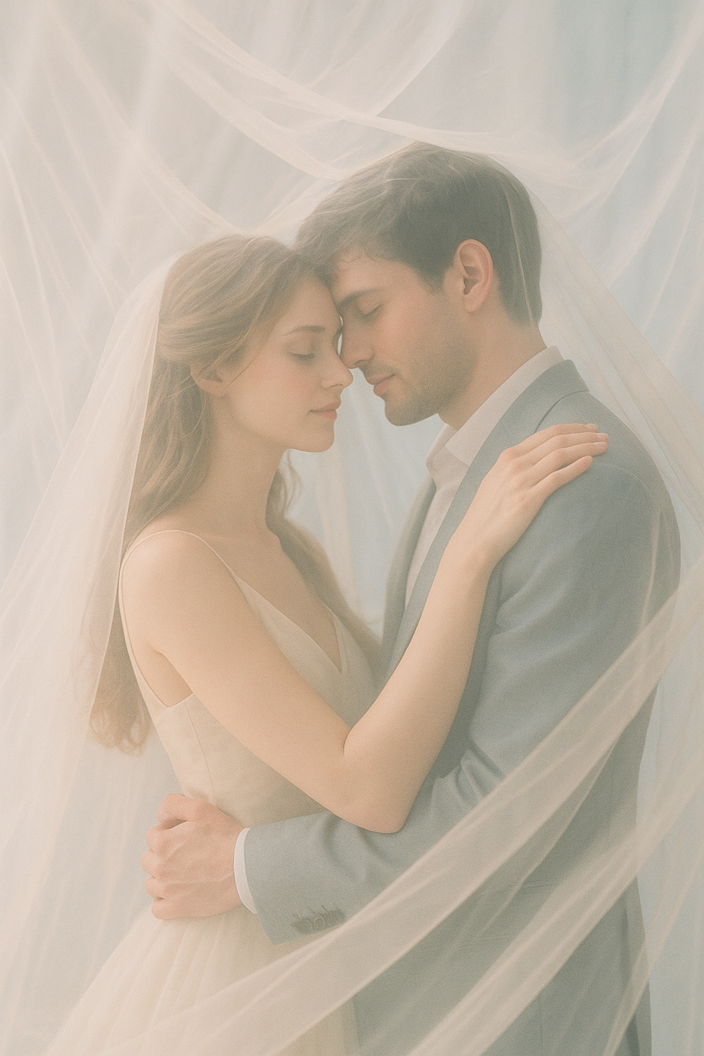 Couple beneath a flowing veil in a dreamy embrace