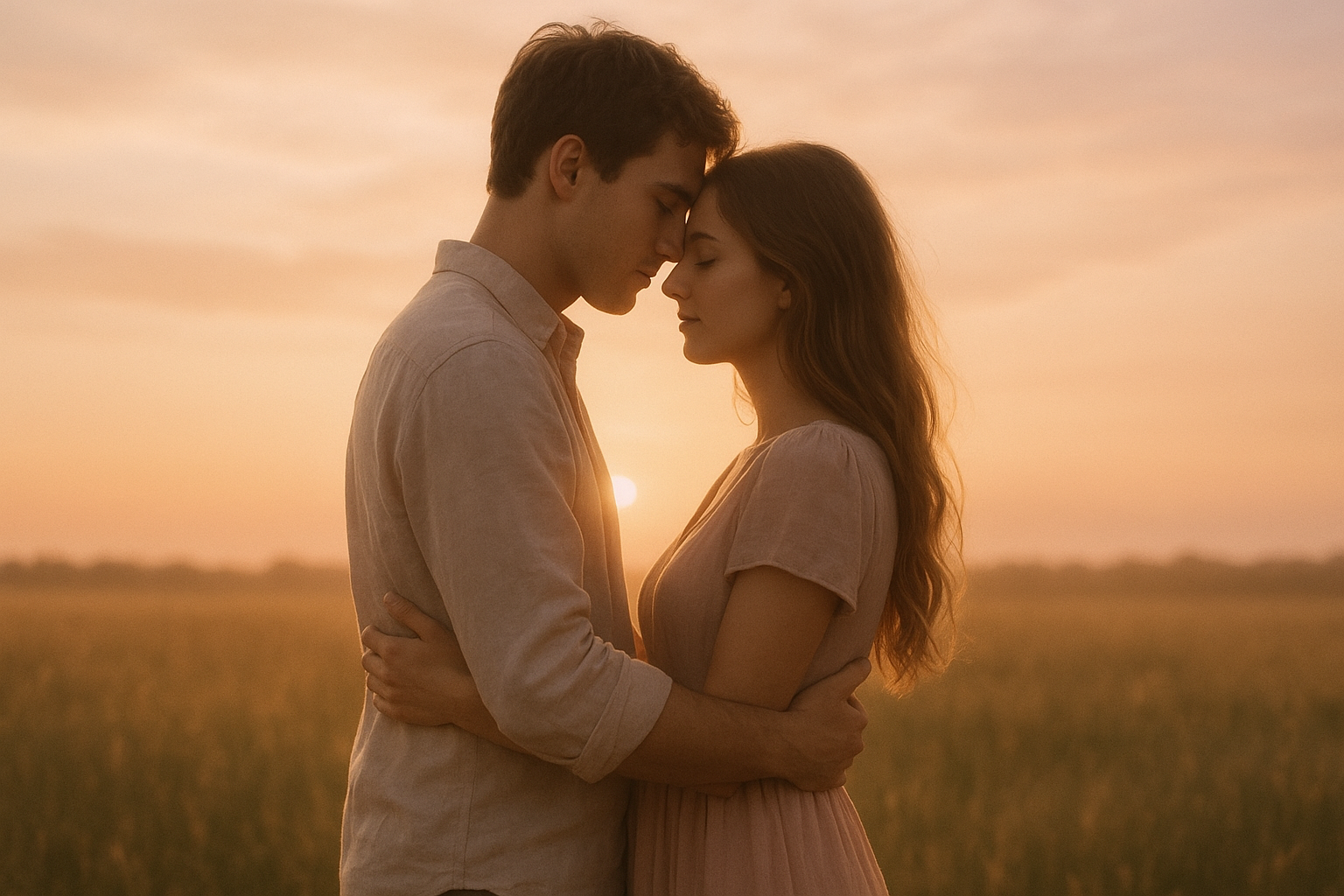 Couple embracing at sunset with a soft golden glow