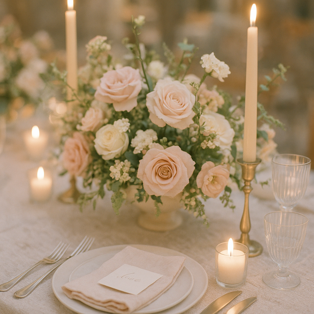 Elegant tablescape with floral details and pastel tones