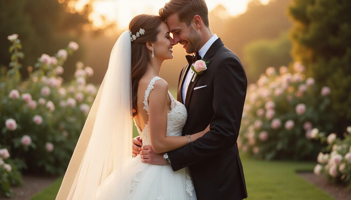 Newlywed couple embracing in a softly lit garden