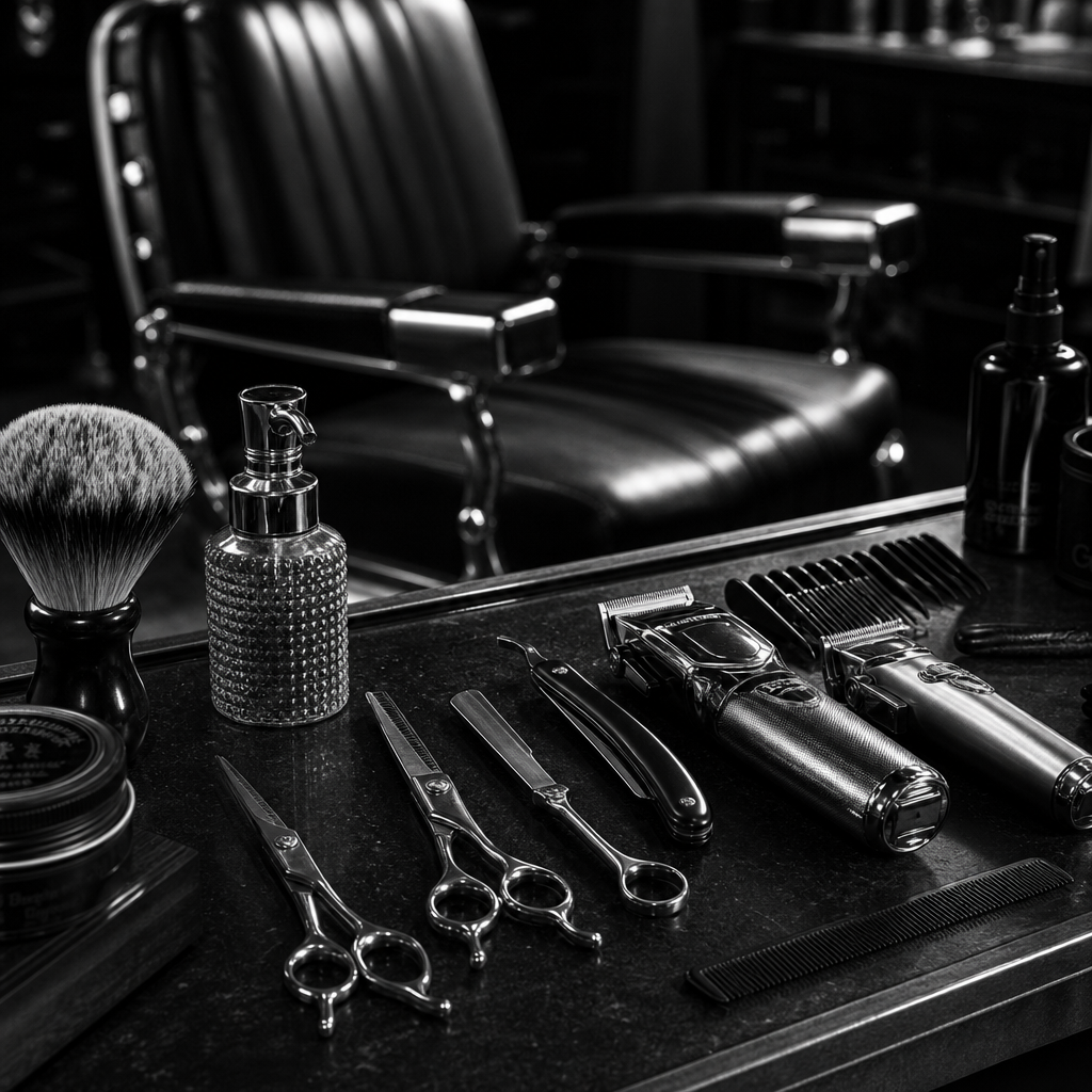 Moody black-and-white close-up of polished barber tools and chair details in a classic modern barbershop