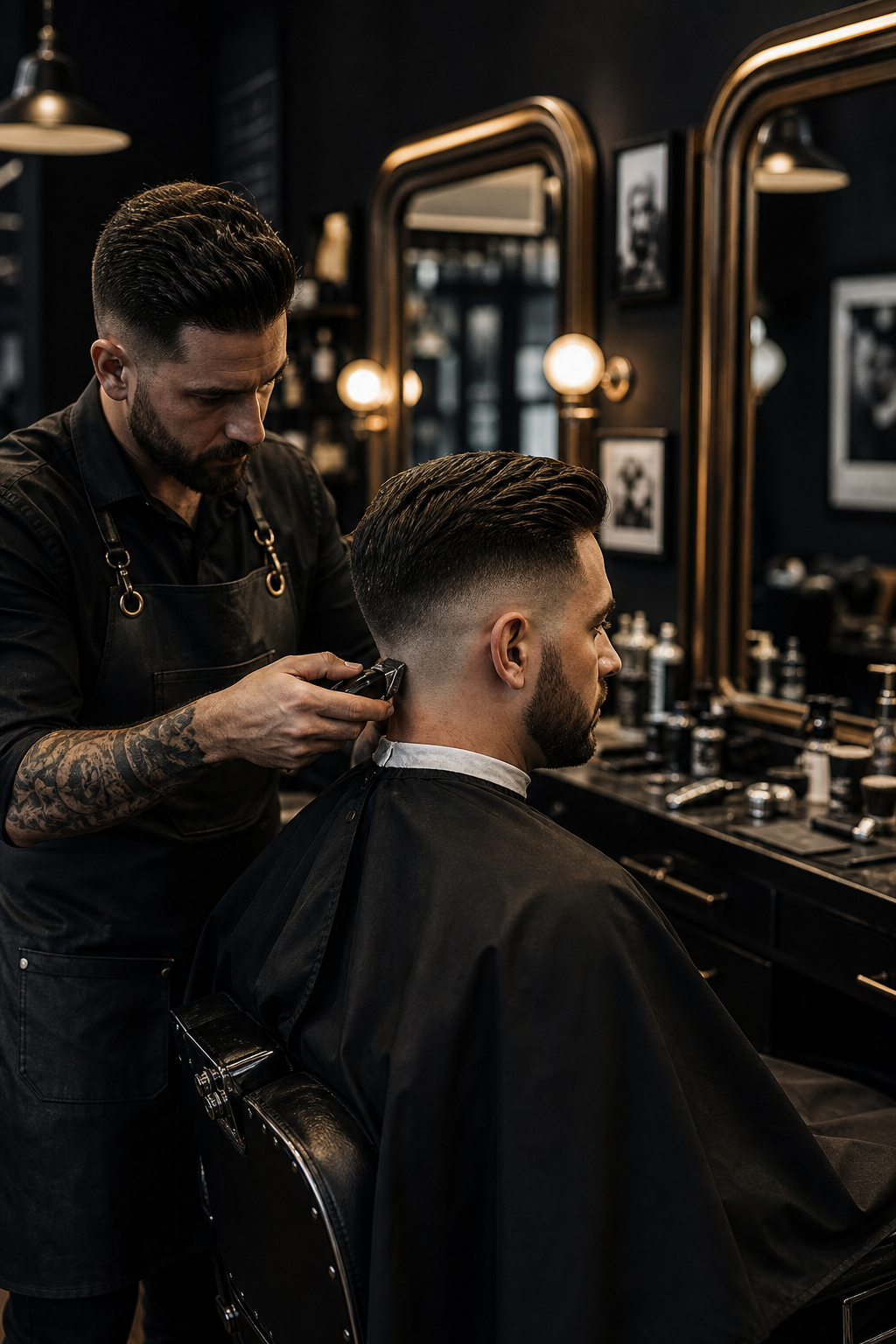 A skilled barber refining a clean fade in a modern, dark-toned barbershop interior with warm mirror lighting