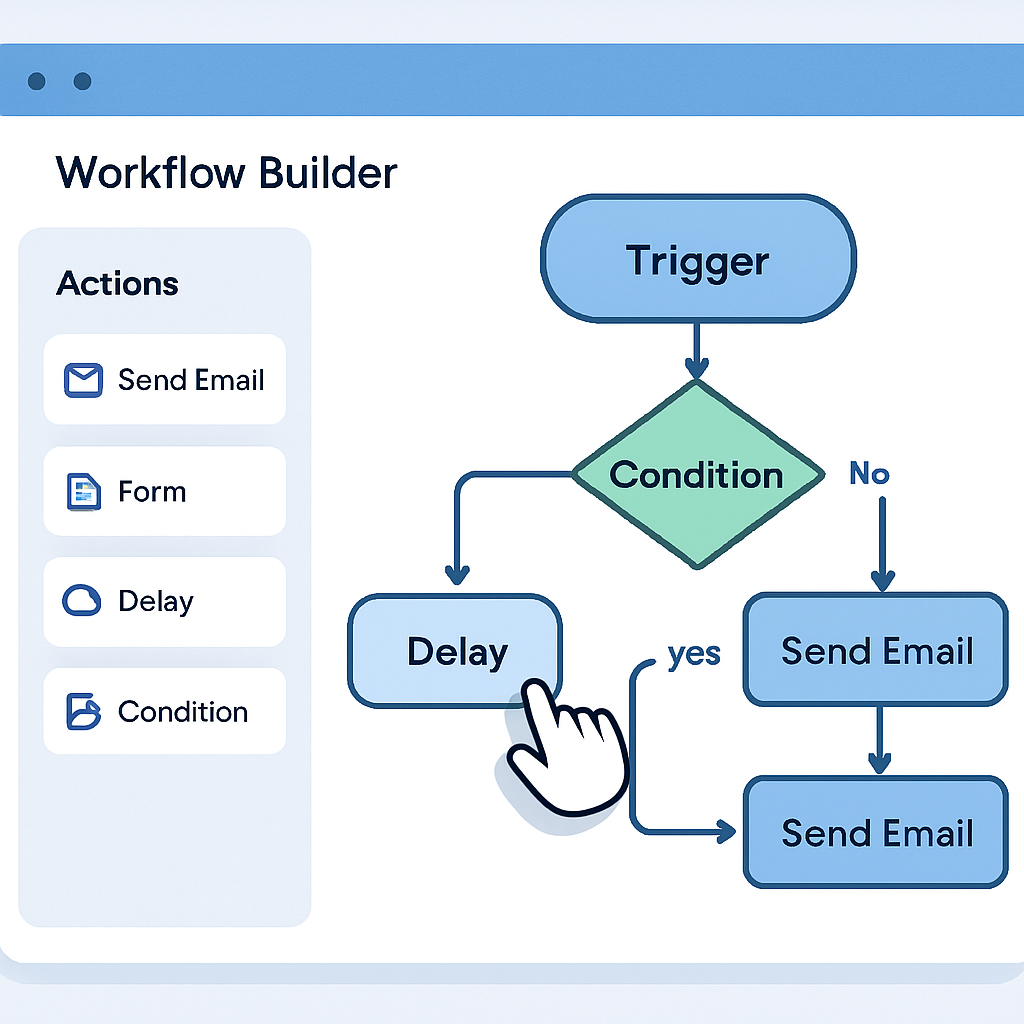 Workflow builder tool with drag-and-drop interface, clean modern style, blue and white color palette