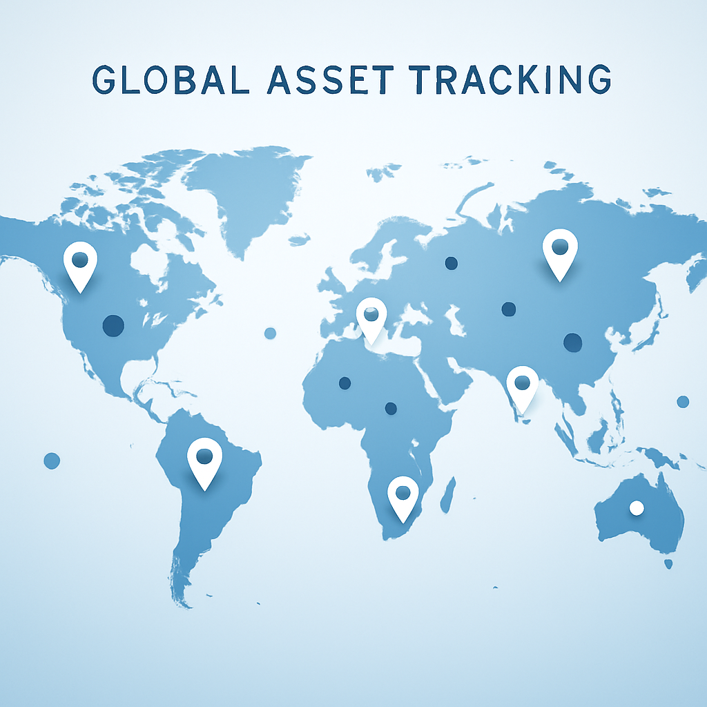 Global asset tracking map visualization, pins across continents, cool blue and white professional look