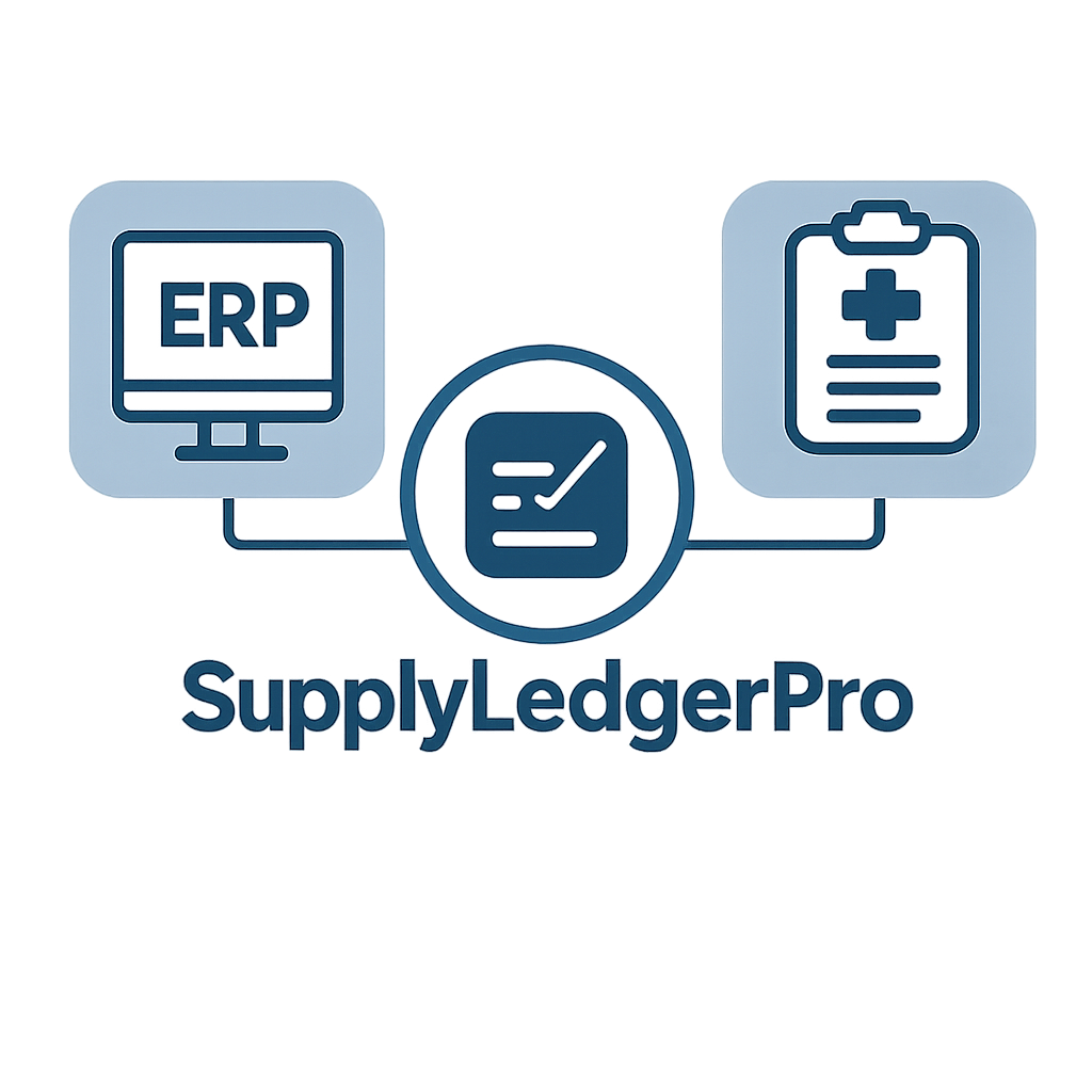 ERP and EHR system icons connected with SupplyLedgerPro, minimalist clean UI, brand-appropriate colors