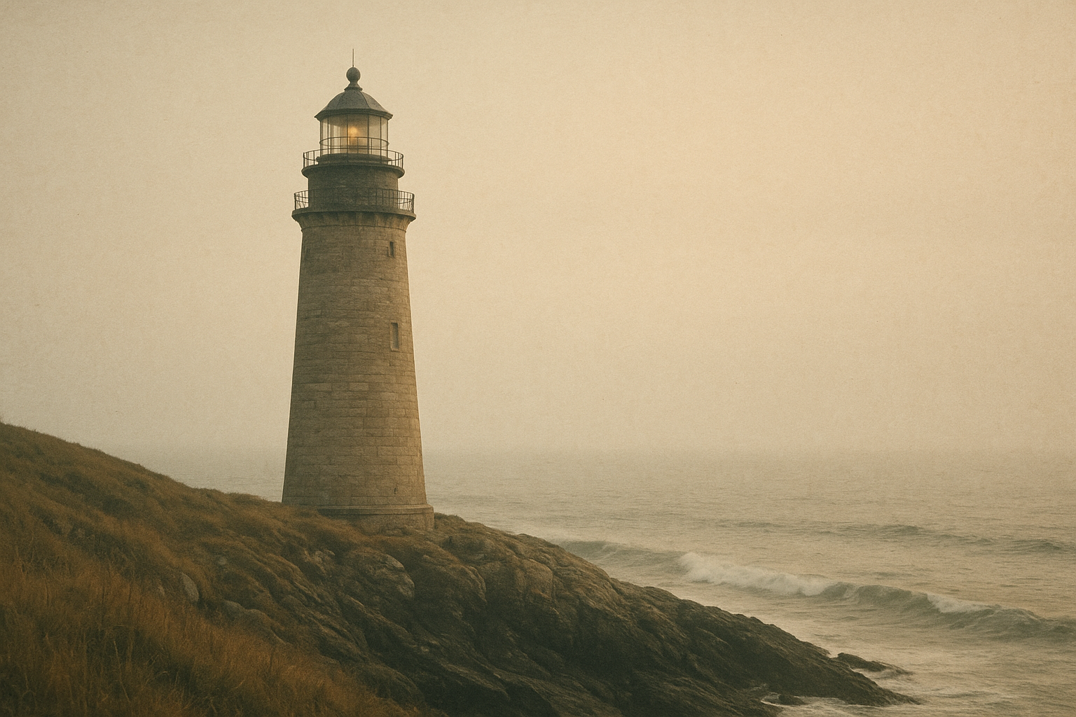 Atmospheric northern-coast lighthouse on rugged cliffs at soft sea-light with warm film tones and subtle weathered texture