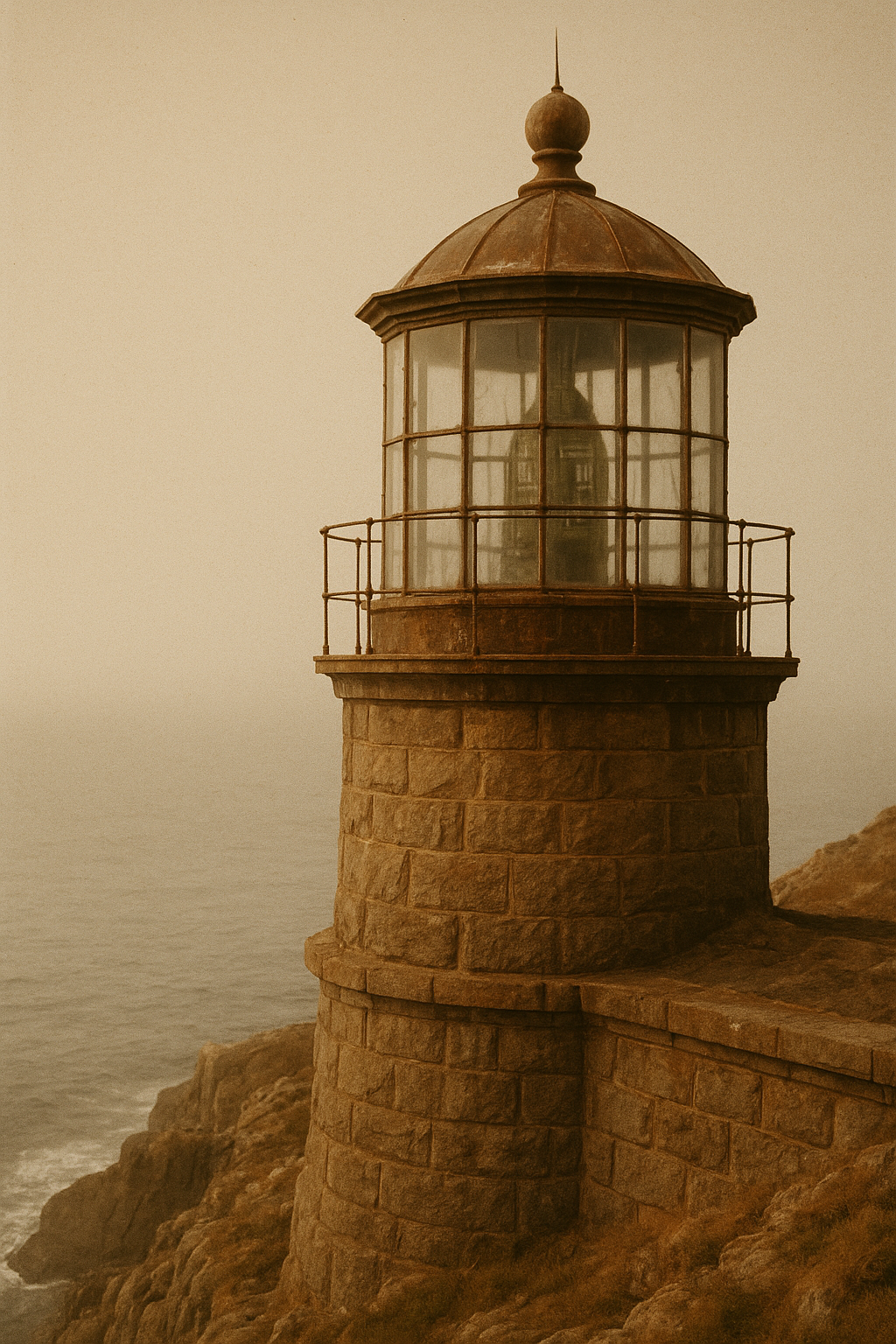 Archival-style coastal lighthouse detail with weathered lantern room and warm late-afternoon sea haze
