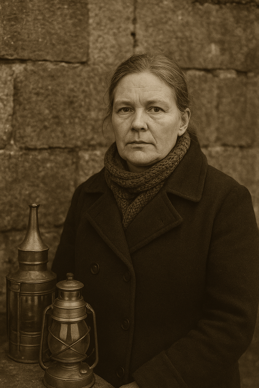 Sepia portrait of Elisabeth Rune in a heavy wool coat beside lighthouse instruments