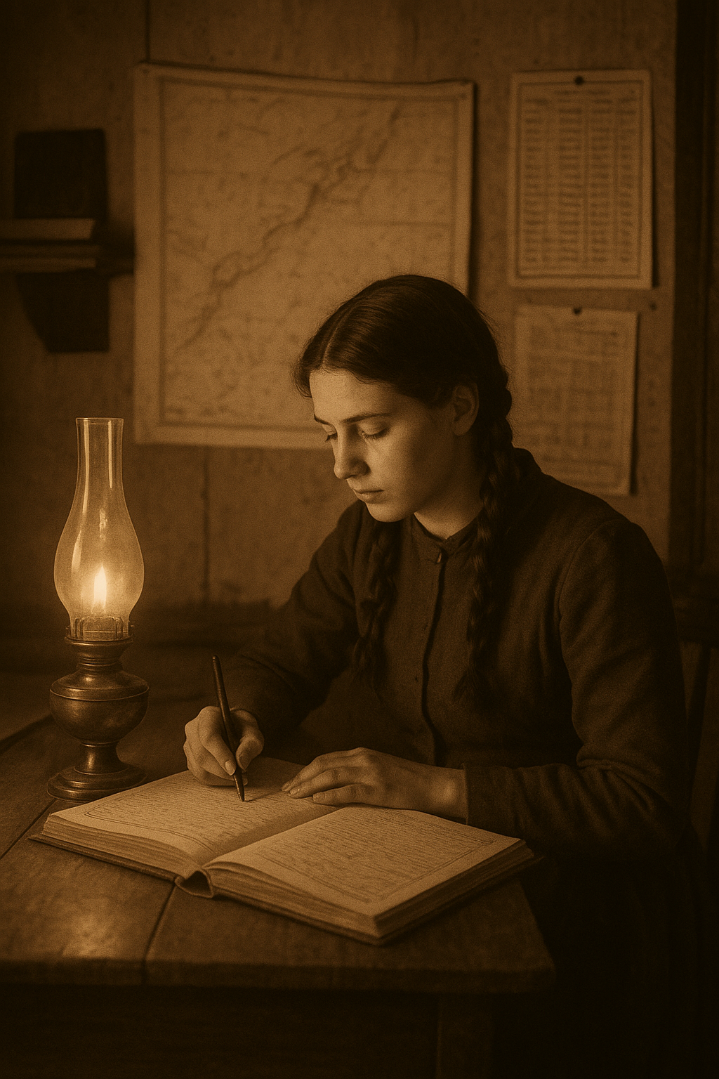 Archival interior scene of Marta Nygard writing nightly weather entries at a wooden desk