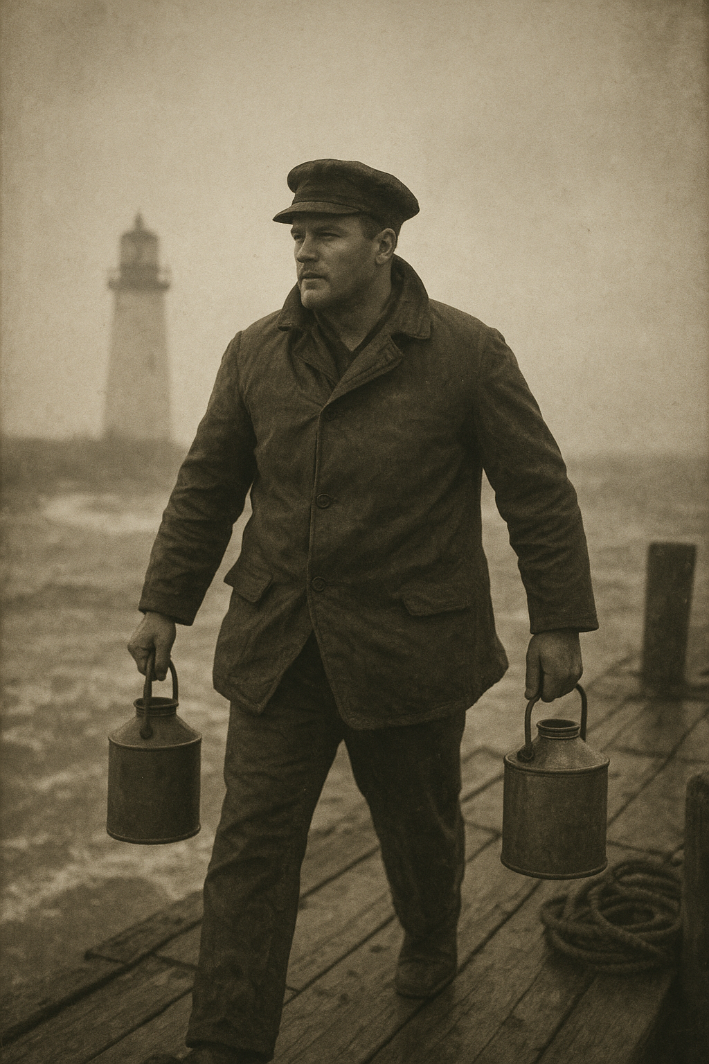 Historic dockside photograph of Tomas Halvor carrying oil tins in wind and sea mist