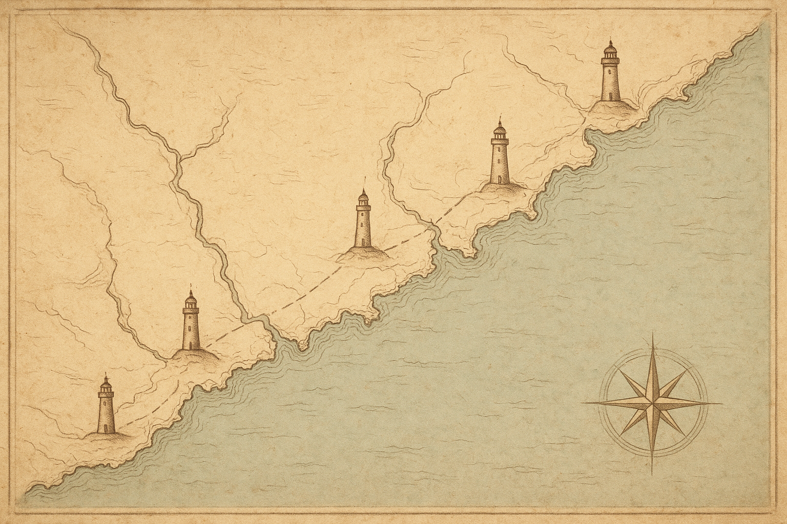 Illustrated archival map of the northern coastline showing preserved lighthouse tower locations