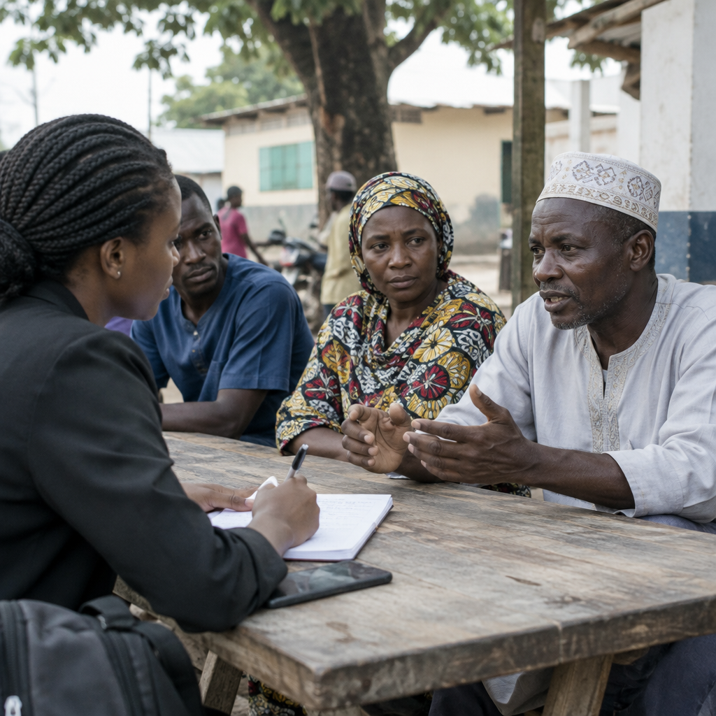 Respectful documentary photo of community members speaking with a civic reporter at an outdoor table while notes are recorded