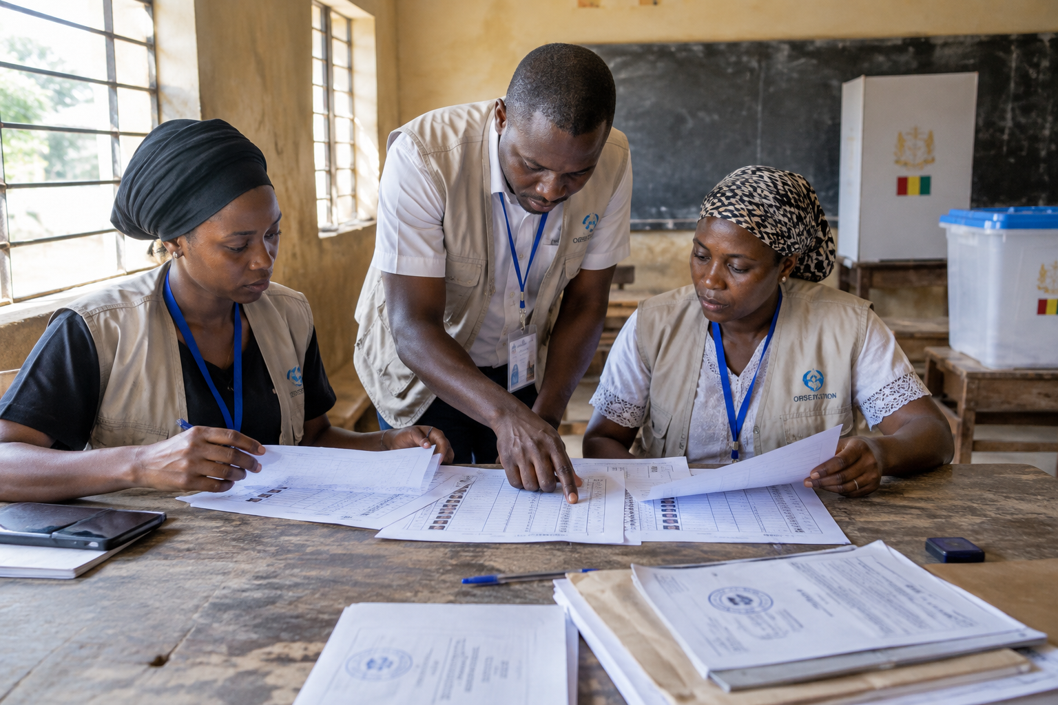 Election observers in Guinea reviewing polling station records at a wooden table, with daylight entering through open windows and official forms visible in the foreground