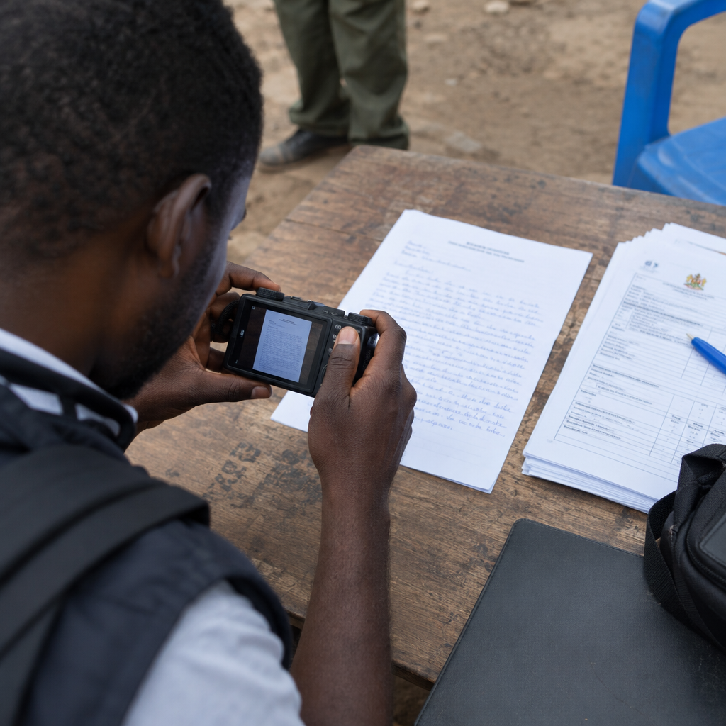 Documentary image of a field reporter photographing a written incident statement with a compact camera beside official forms