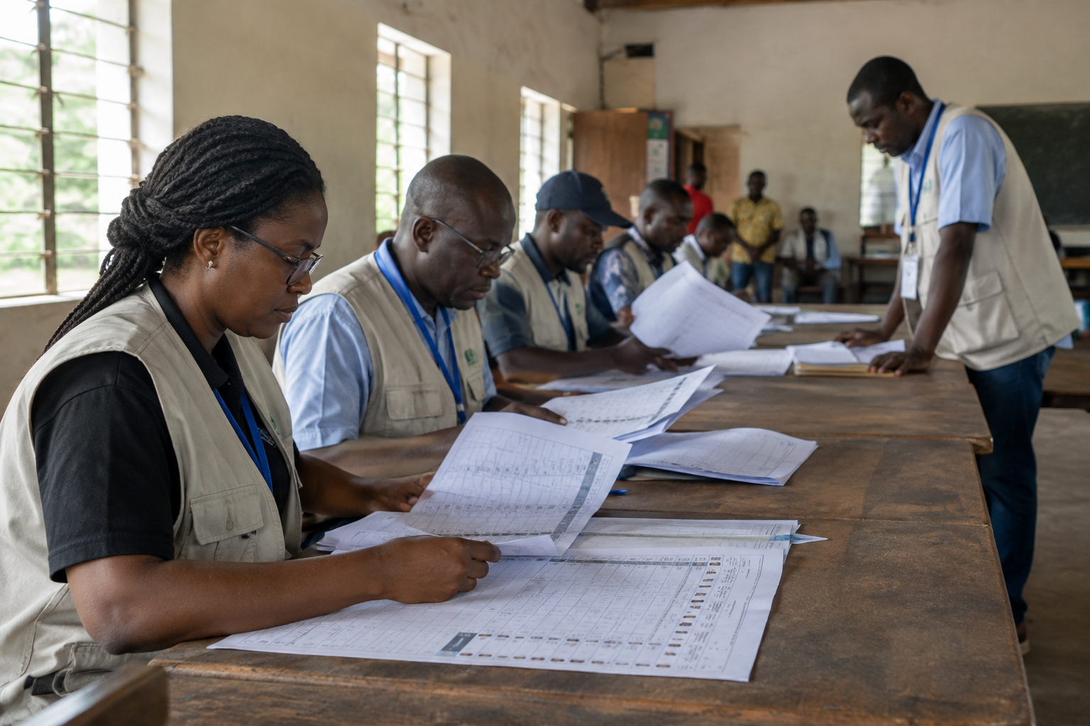 Documentary photograph of election observers reviewing printed tally sheets at a long table inside a modest Guinea community hall, natural light, neutral tones