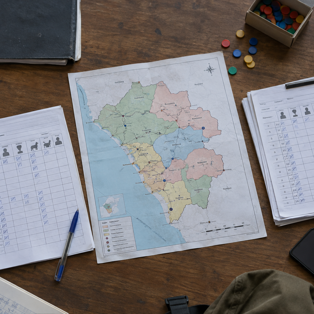 Documentary overhead photo of printed district map, tally forms, and color-coded markers arranged on a desk for regional monitoring