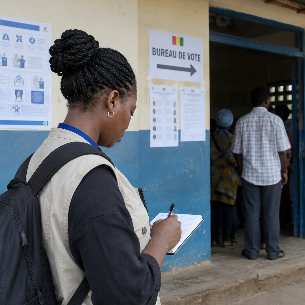 Observational photograph of an election observer writing access notes outside a polling station entrance with posted notices