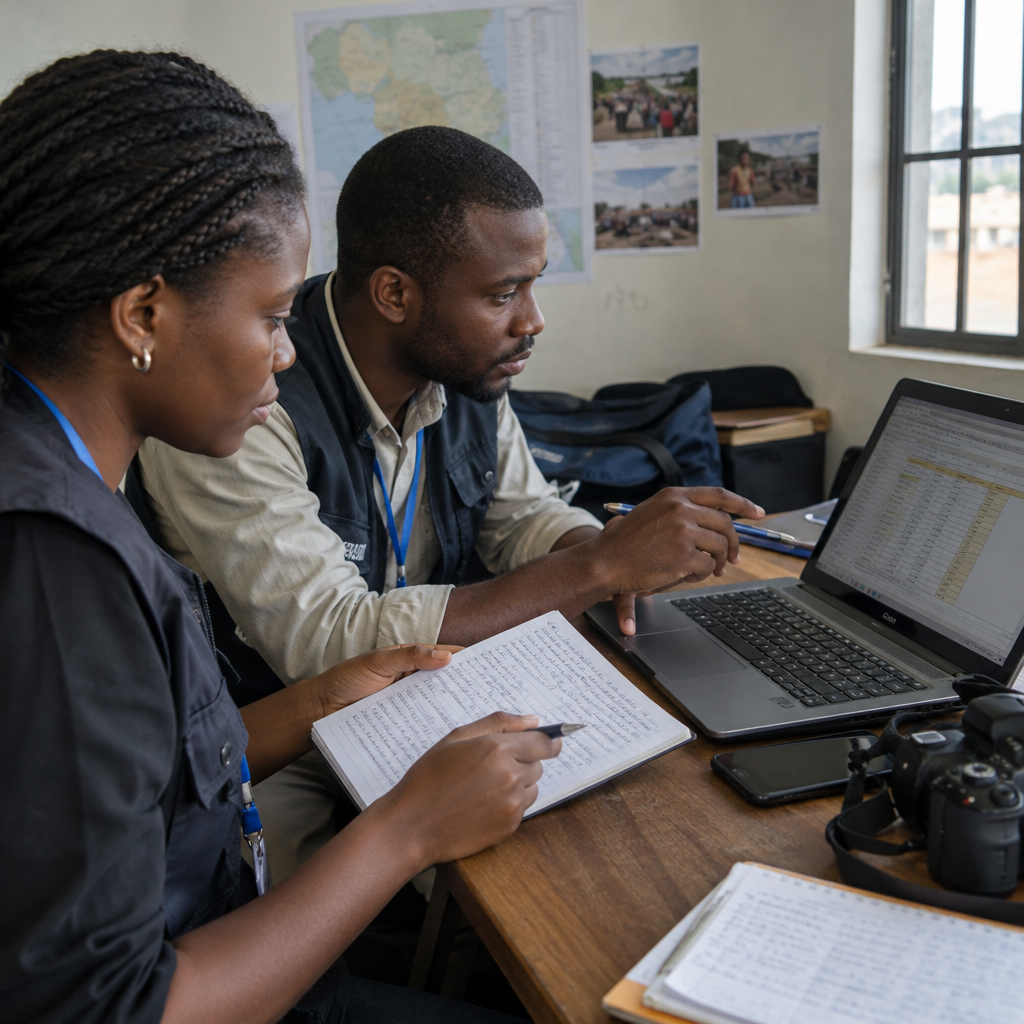 Close documentary image of two journalists comparing handwritten observer notes with a laptop spreadsheet in a small verification room
