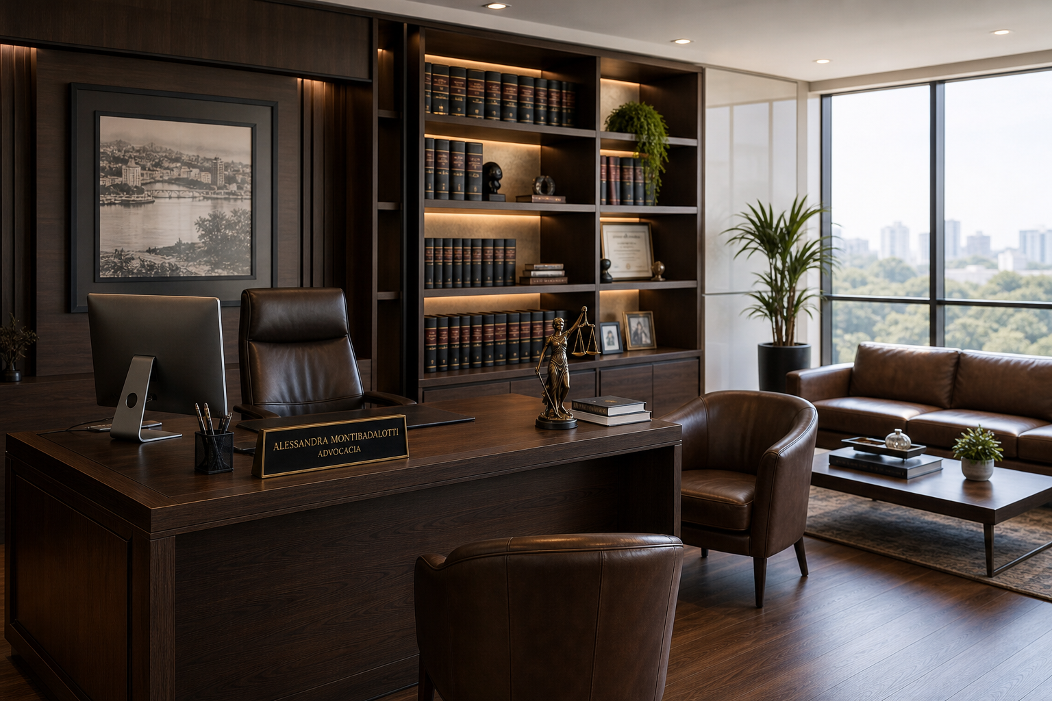 Interior de um escritório jurídico premium com mesa de madeira escura, estantes com livros legais organizados e luz natural suave