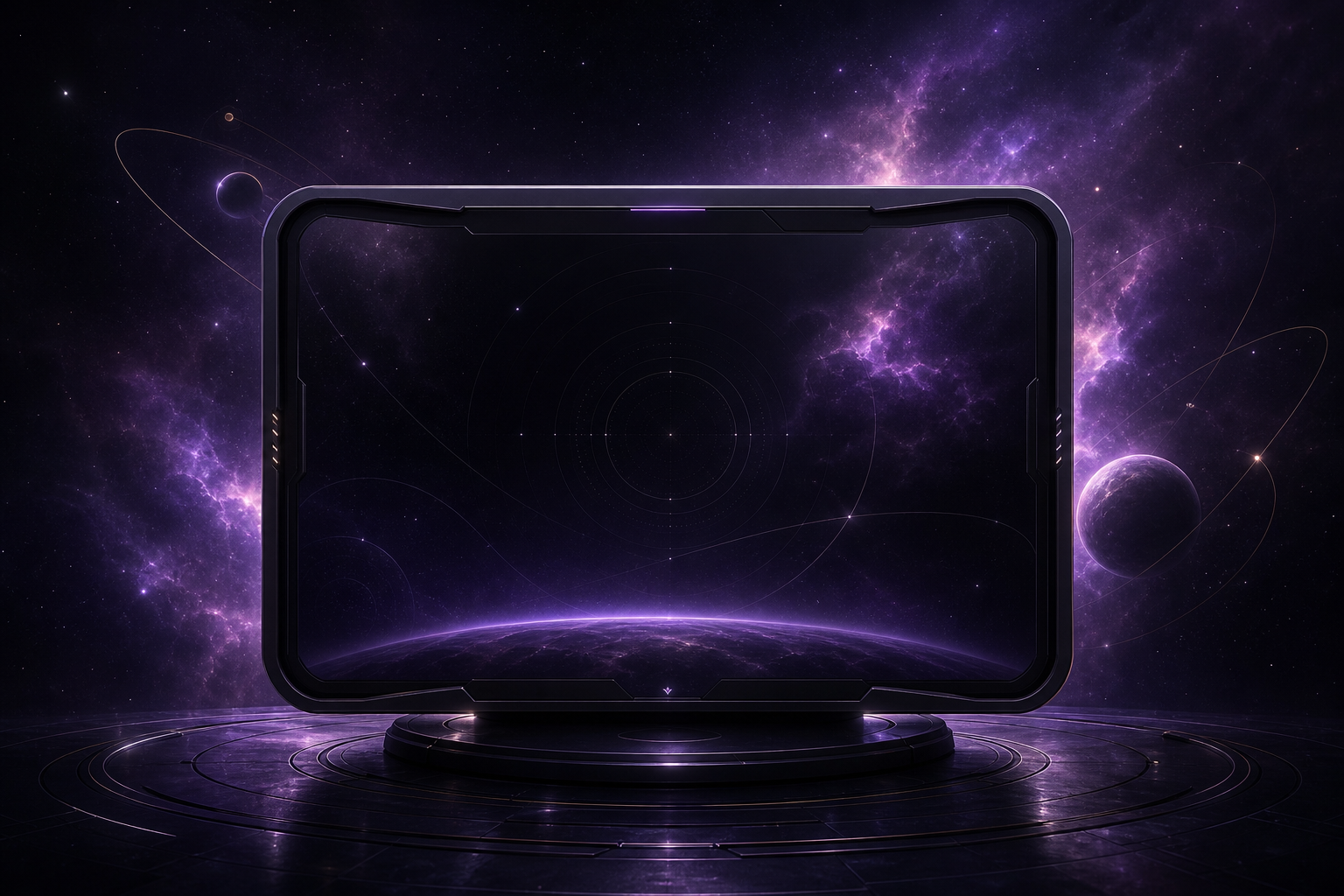Abstract cosmic software scene with violet nebula glow, orbital line motifs, fine star texture, and a sleek framed interface panel