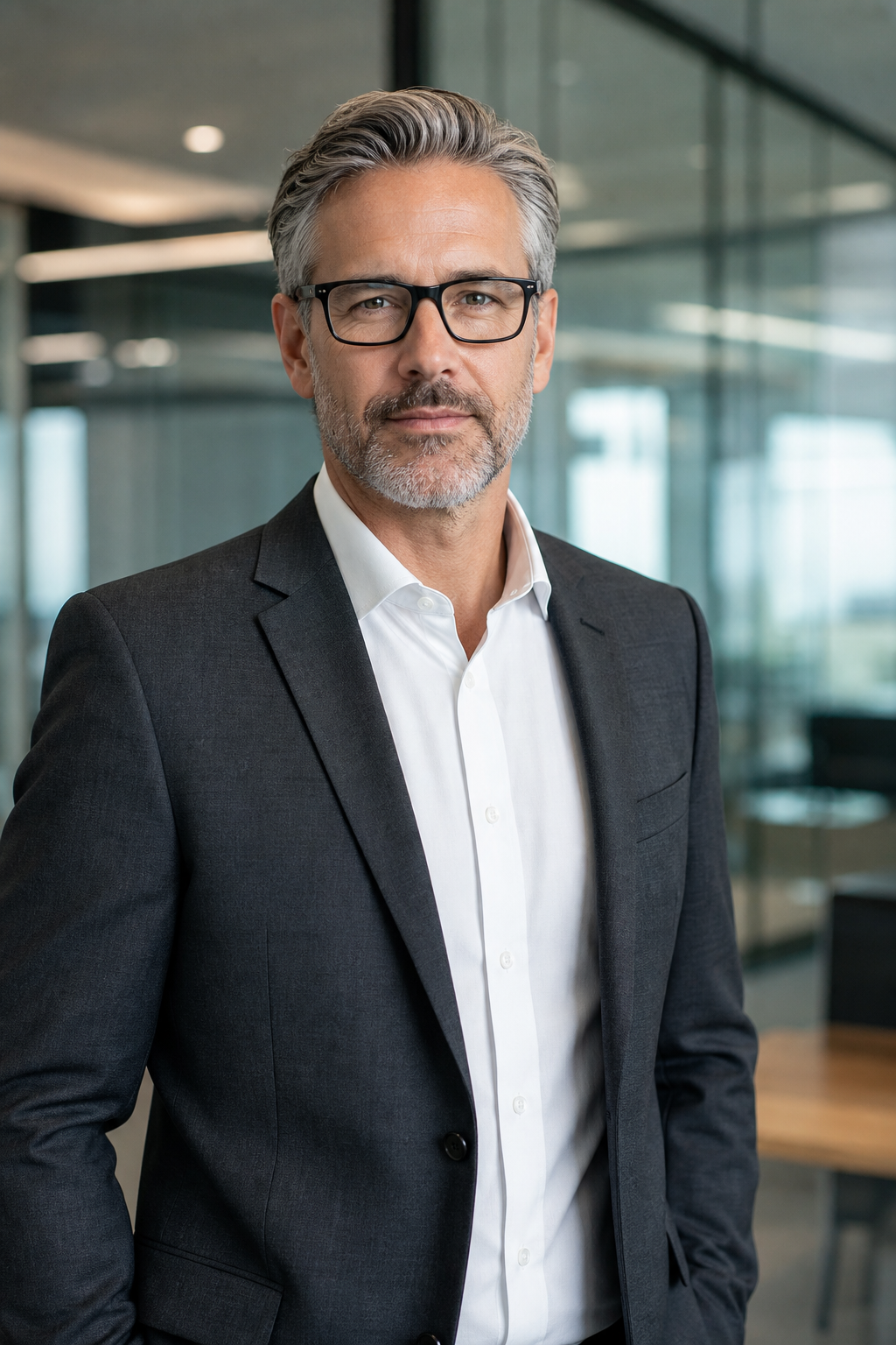 Professional portrait of Daniel Reed, a man with salt-and-pepper hair and rectangular glasses in a charcoal suit, photographed in a modern corporate interior