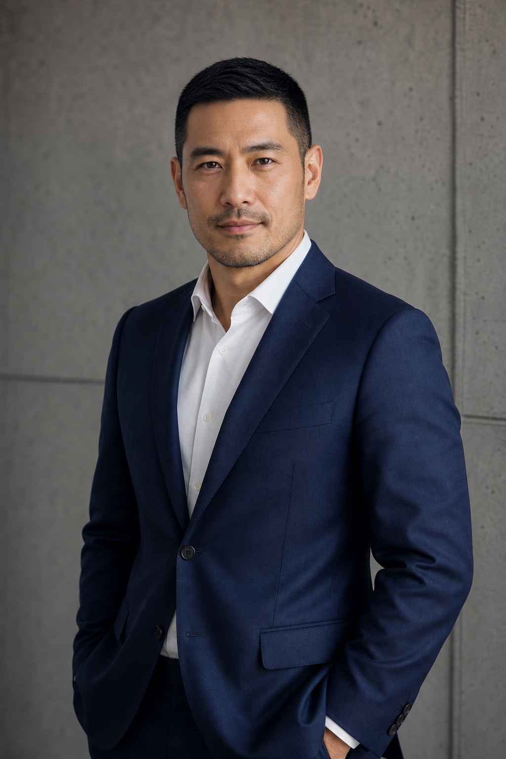 Professional portrait of Michael Tan, a man with close-cropped black hair and light stubble in a deep blue suit, photographed against a minimal textured office wall
