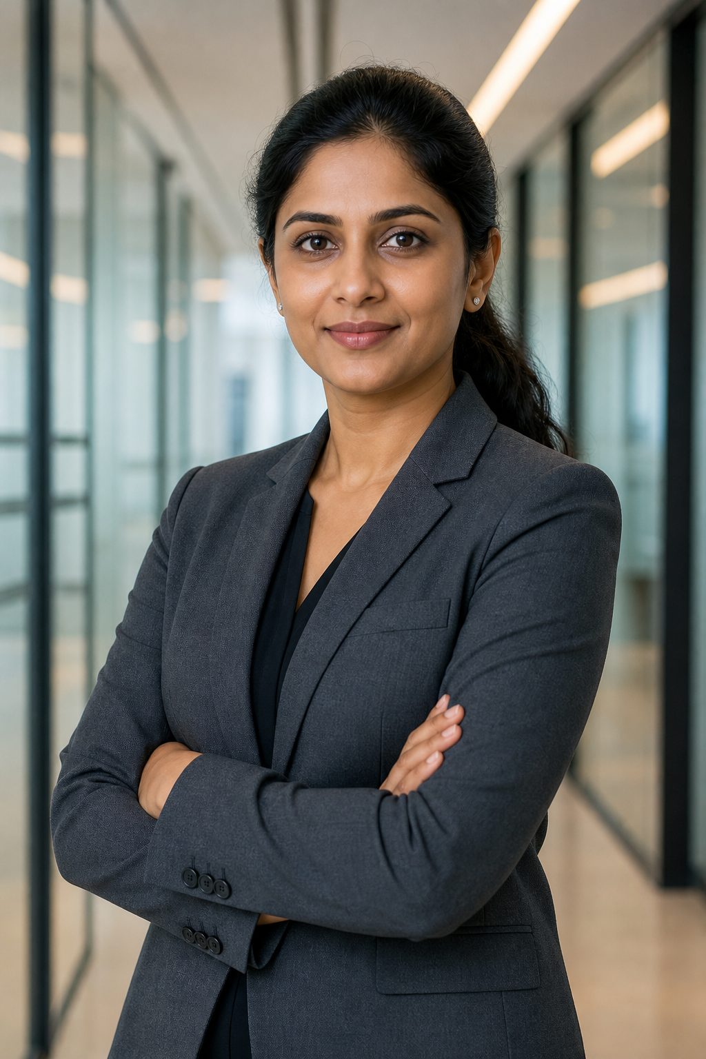 Professional portrait of Priya Nair, a woman with long black hair tied back wearing a slate business jacket, standing in front of a glass office corridor