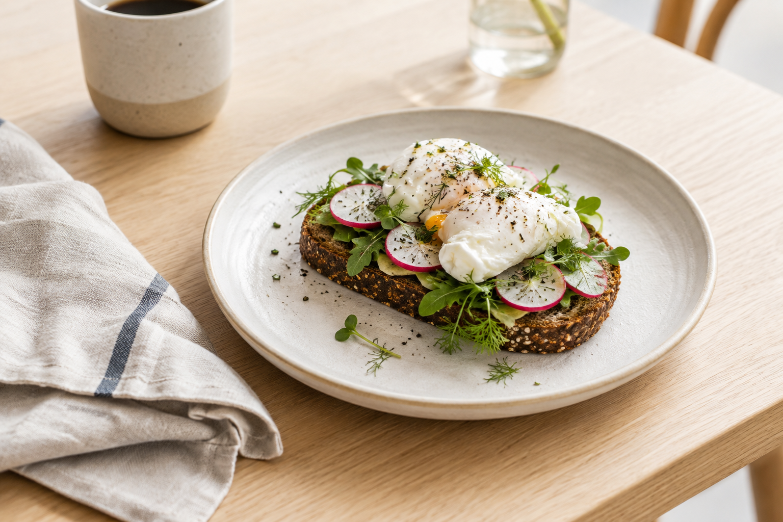 Simple breakfast plate with poached eggs, rye toast, greens, and a linen napkin