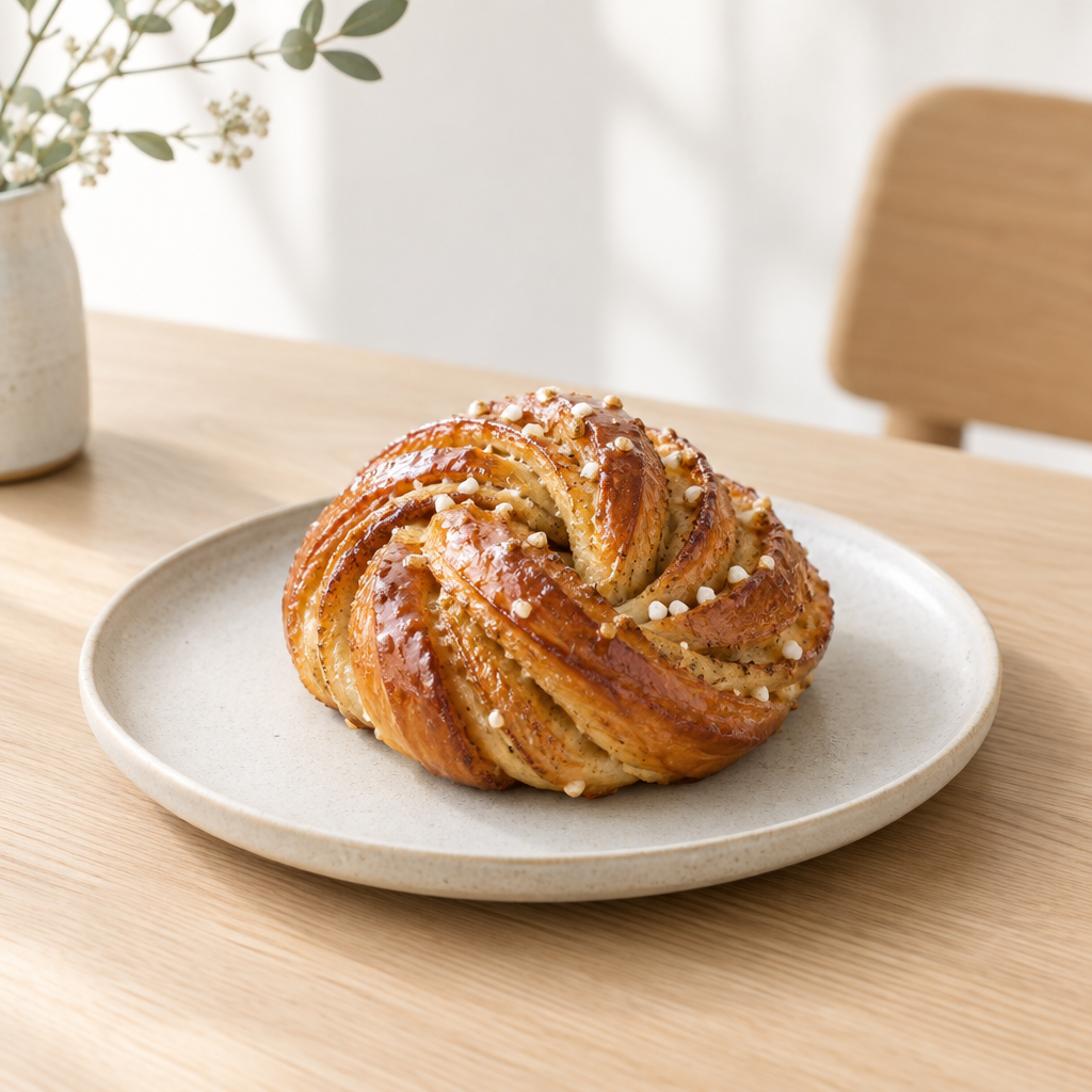 Golden cardamom morning bun glazed with pearl sugar on a pale stoneware plate