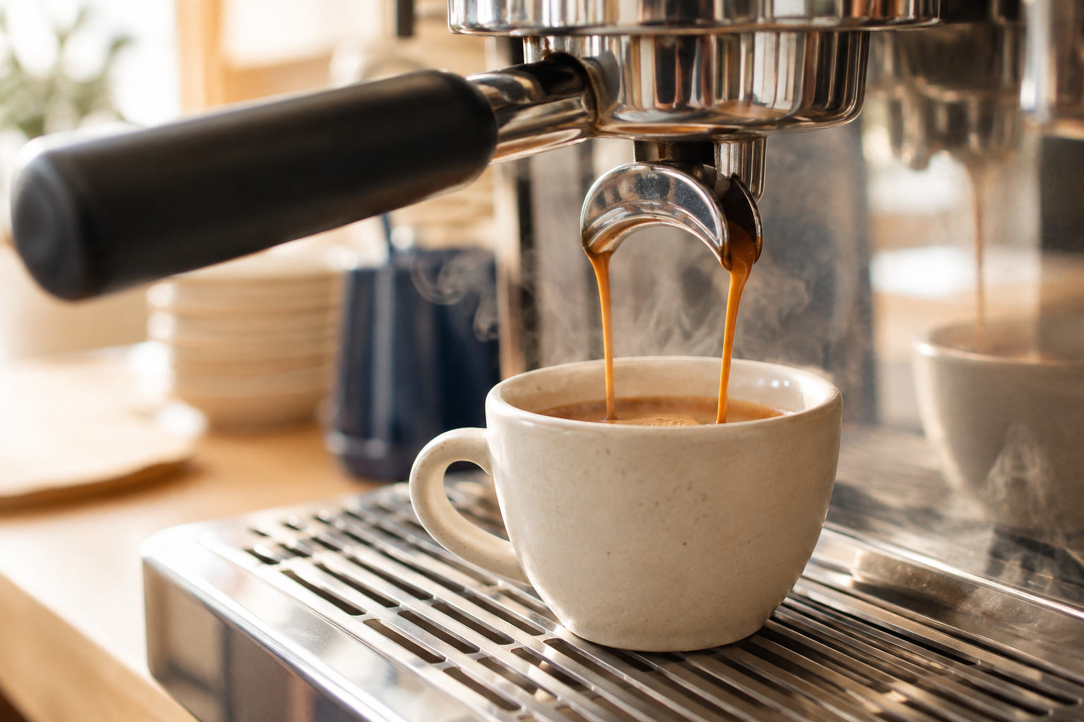 Close view of caramel espresso pouring into a small cream ceramic cup