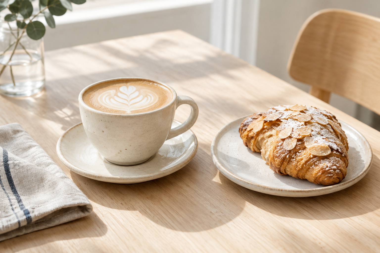 Oat milk latte with delicate foam beside a flaky almond pastry on a light oak table