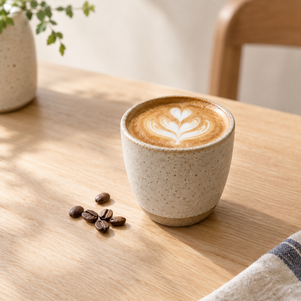 Small maple oat cortado in a matte cream ceramic cup beside a silver spoon