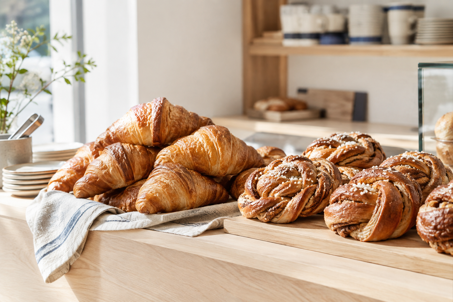 Golden croissants and cardamom buns arranged on a light wood pastry counter