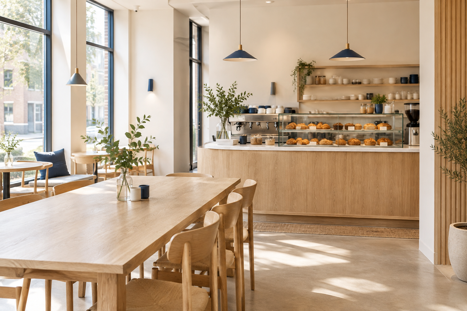 Bright Scandinavian-inspired North Dock Coffee interior with pale wood tables, warm pastries, and soft daylight