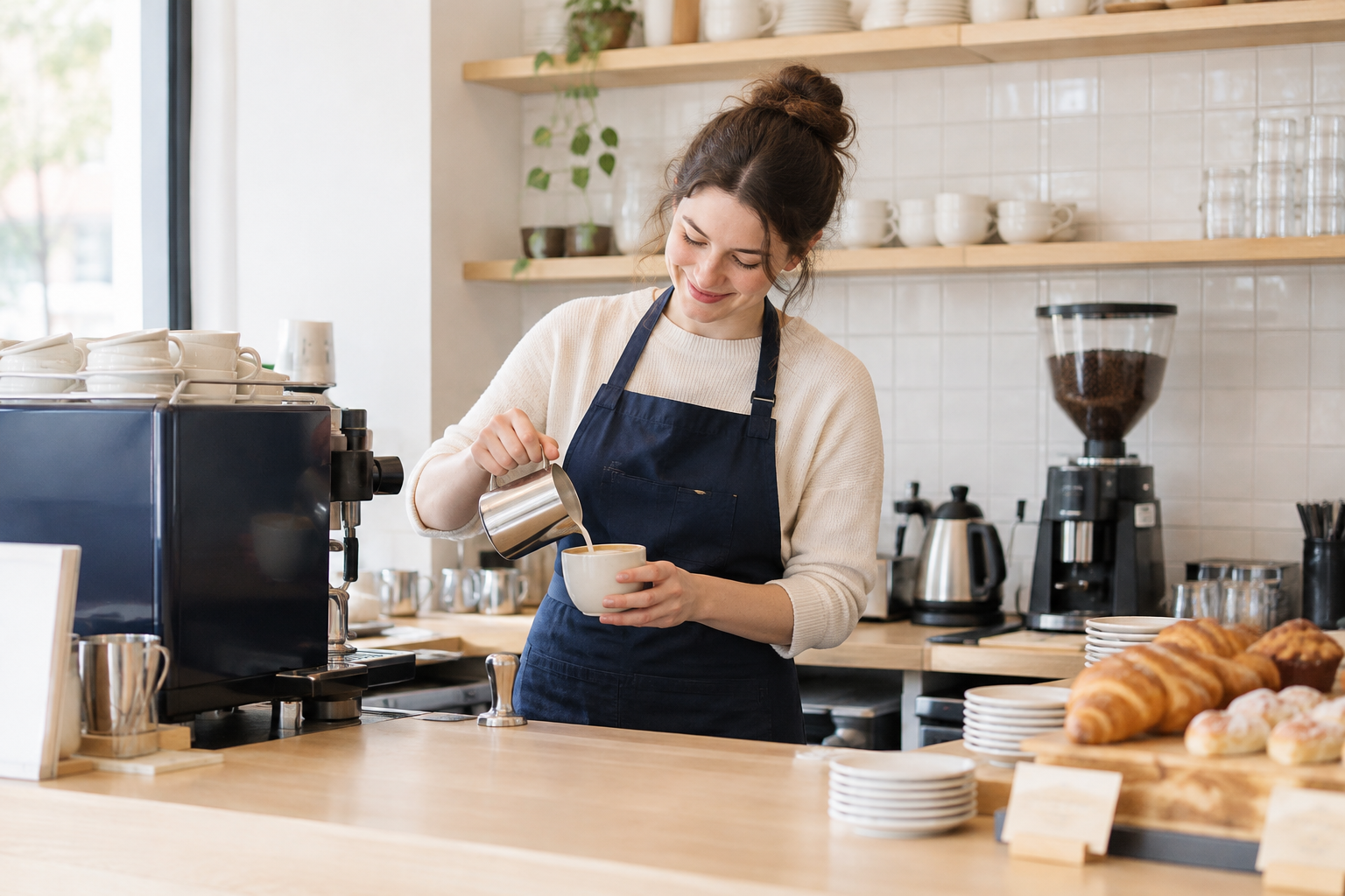 Friendly barista behind a tidy navy-accented coffee bar in a bright neighborhood cafe