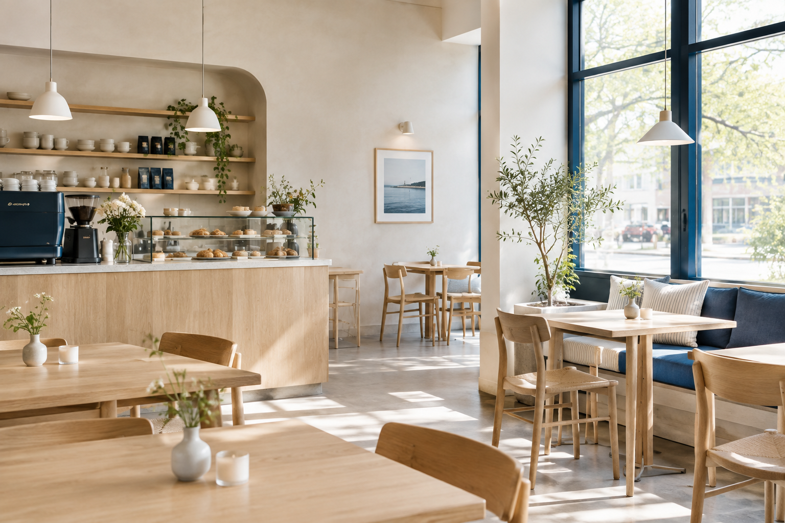 Bright Scandinavian-inspired cafe interior with pale timber tables, soft daylight, and calm seating