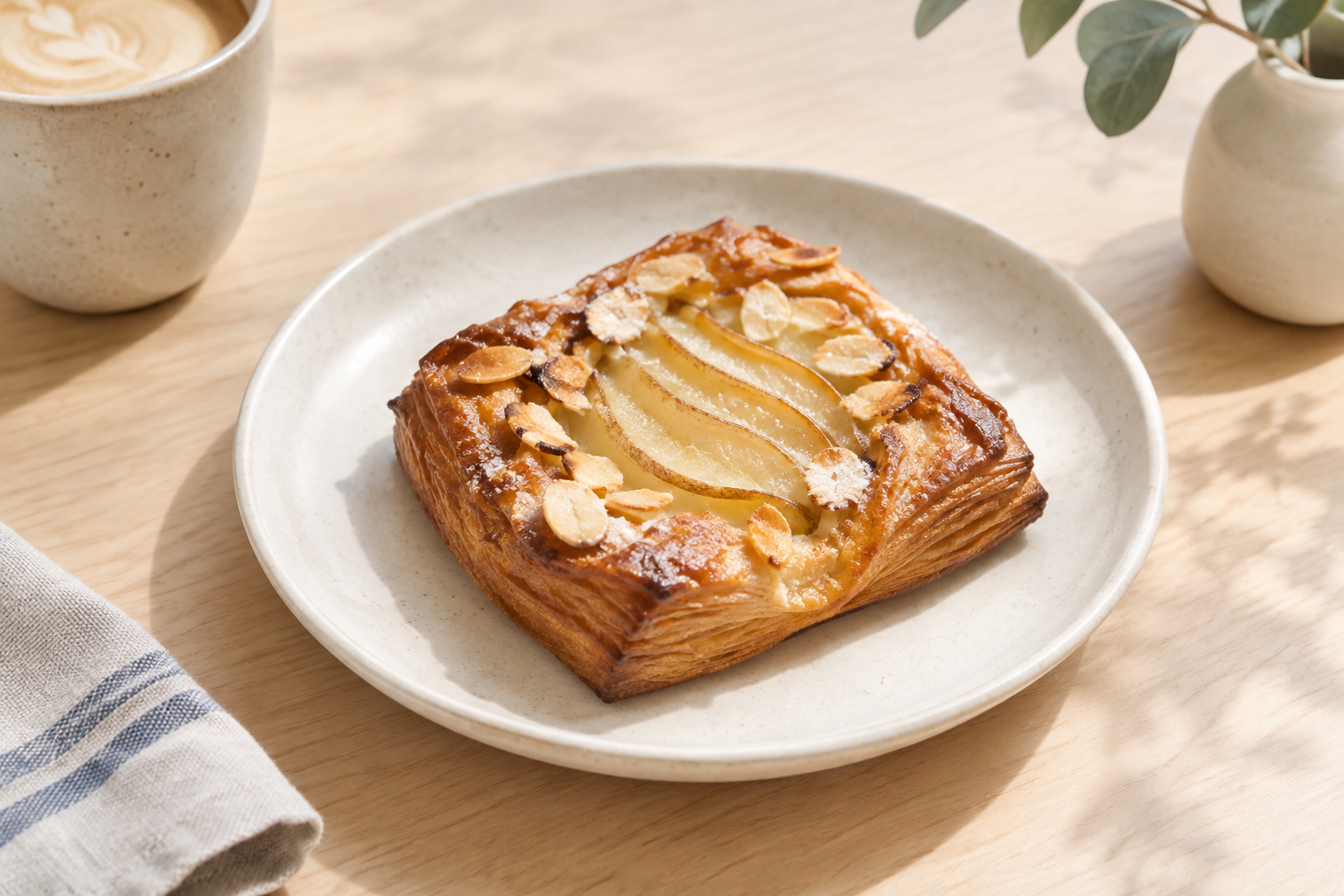 Flaky pear and almond Danish with sliced pear and toasted almond flakes