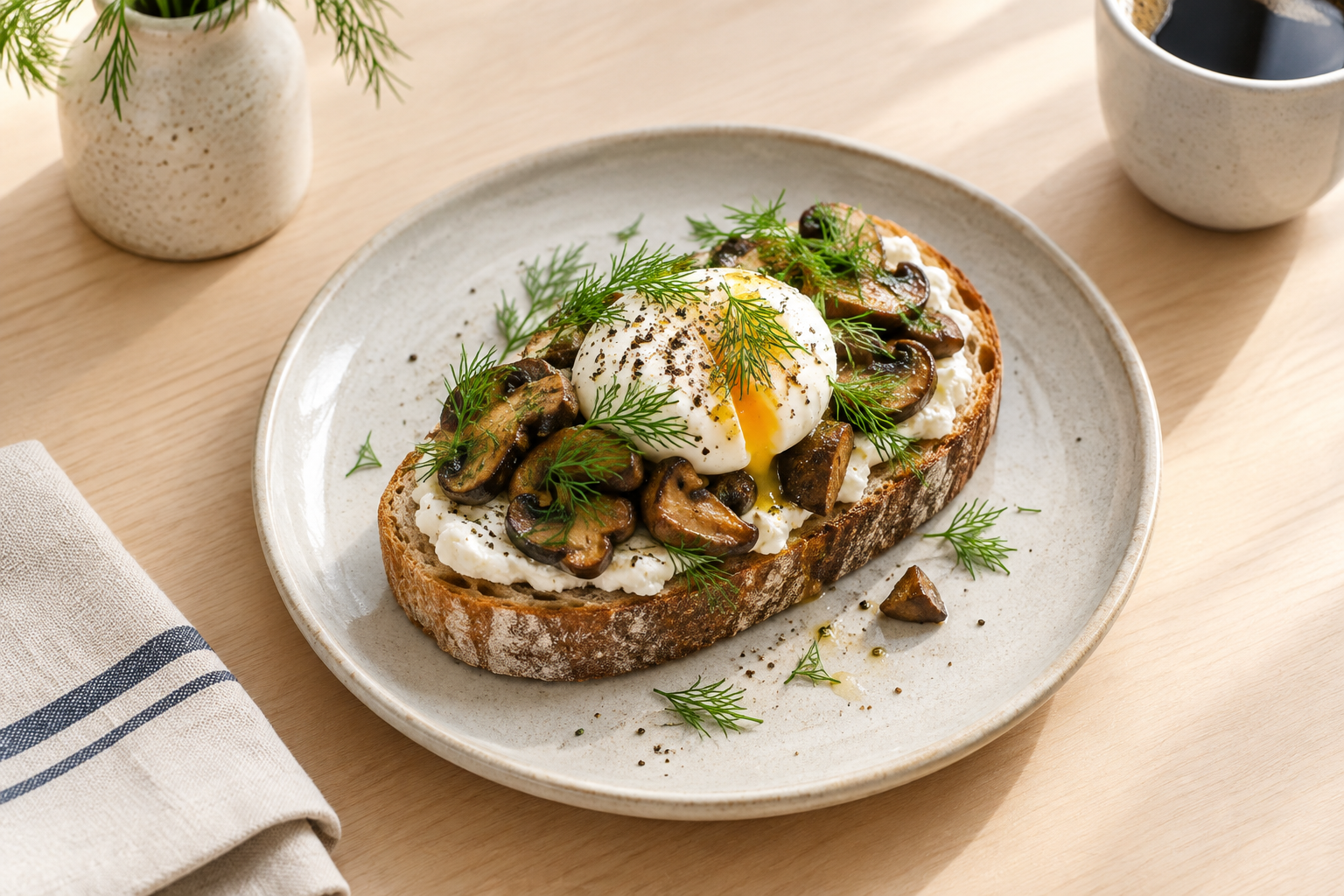 Open-faced sourdough toast topped with roasted mushrooms, herbs, and soft egg