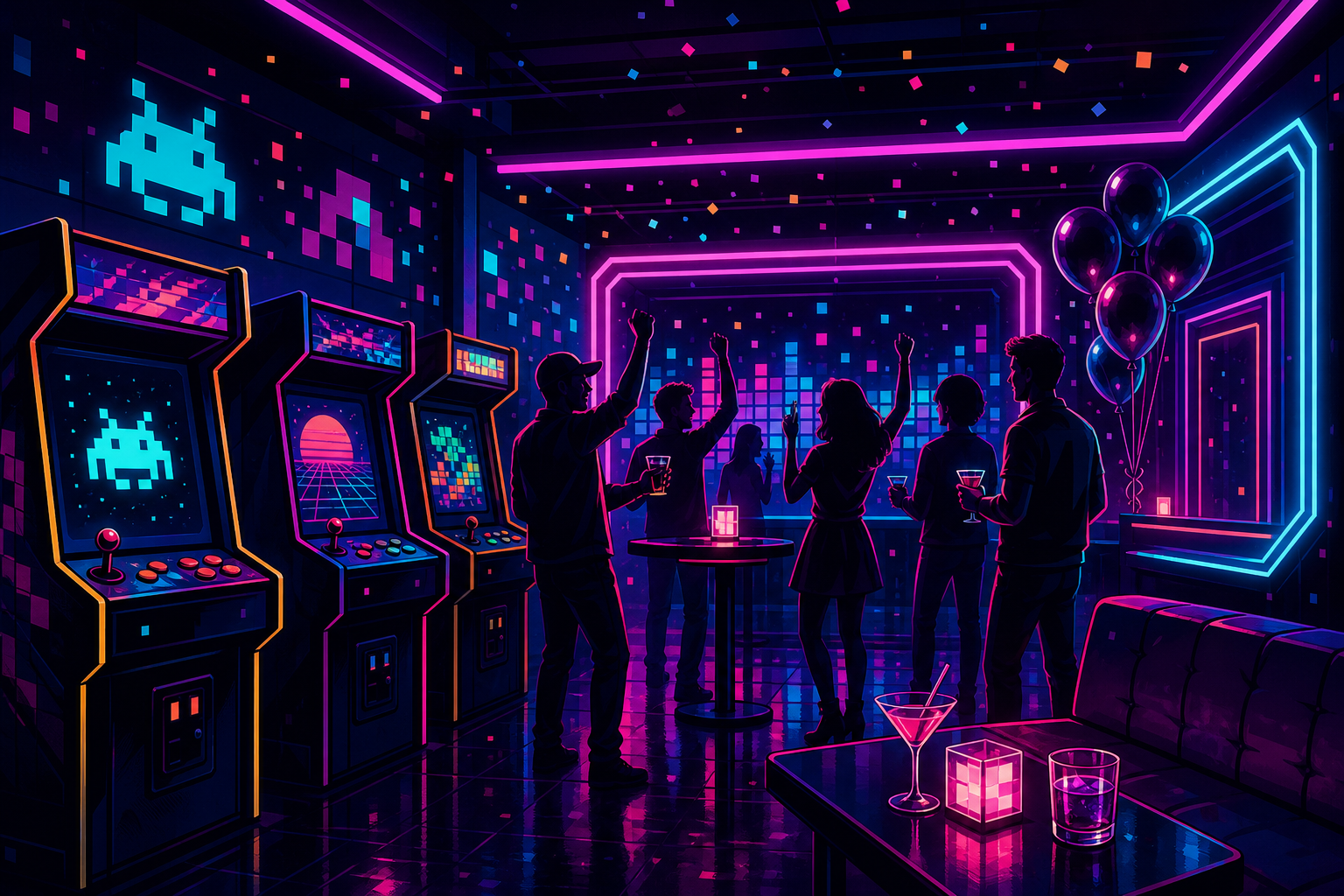 Neon arcade event room illustration with glowing frames, pixel confetti, and a lively group vibe