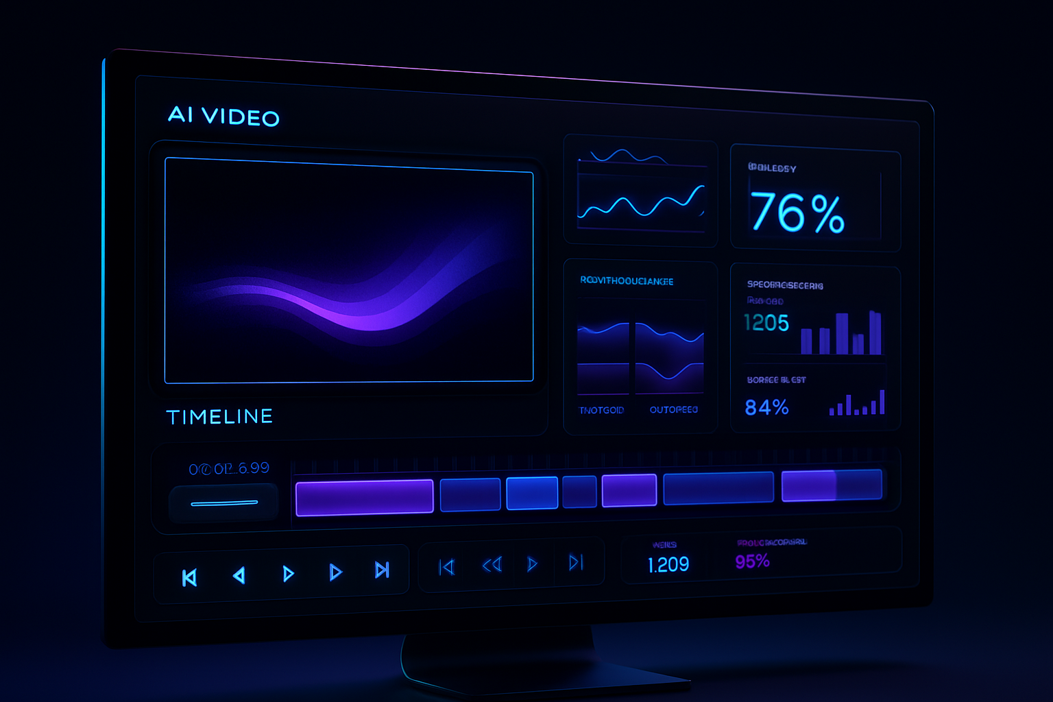 Futuristic AI video production dashboard with analytics panels, timeline clips, and neon interface accents on a dark display