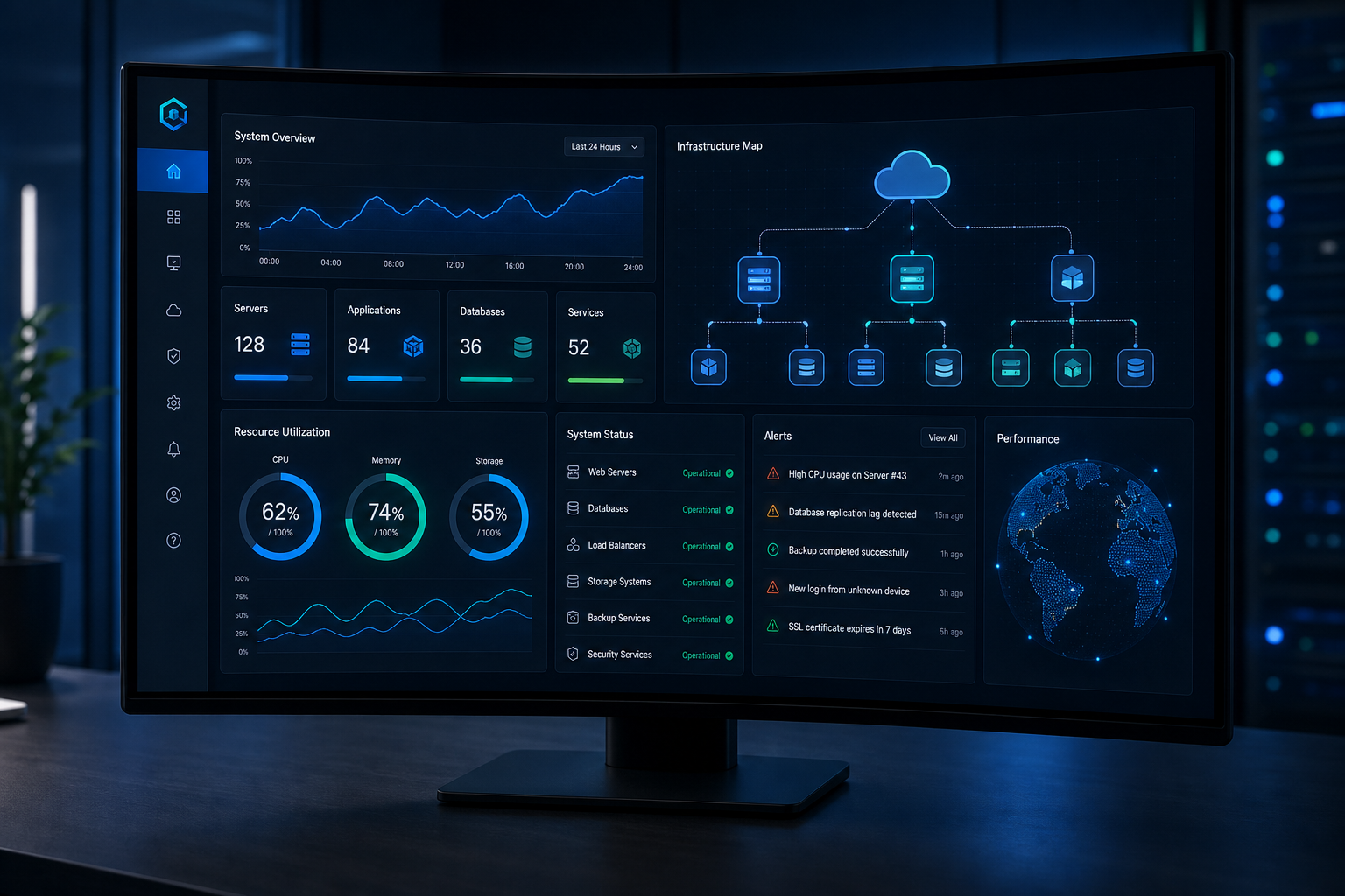 Modern enterprise IT operations dashboard with infrastructure nodes, cloud analytics charts, and system status indicators on a clean dark interface